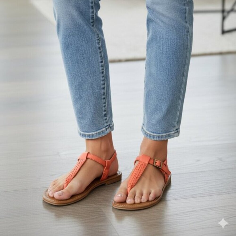 Aldo Women's T-Strap Flat Sandals Size 7 Braided Coral Pink Boho Chic Peasant